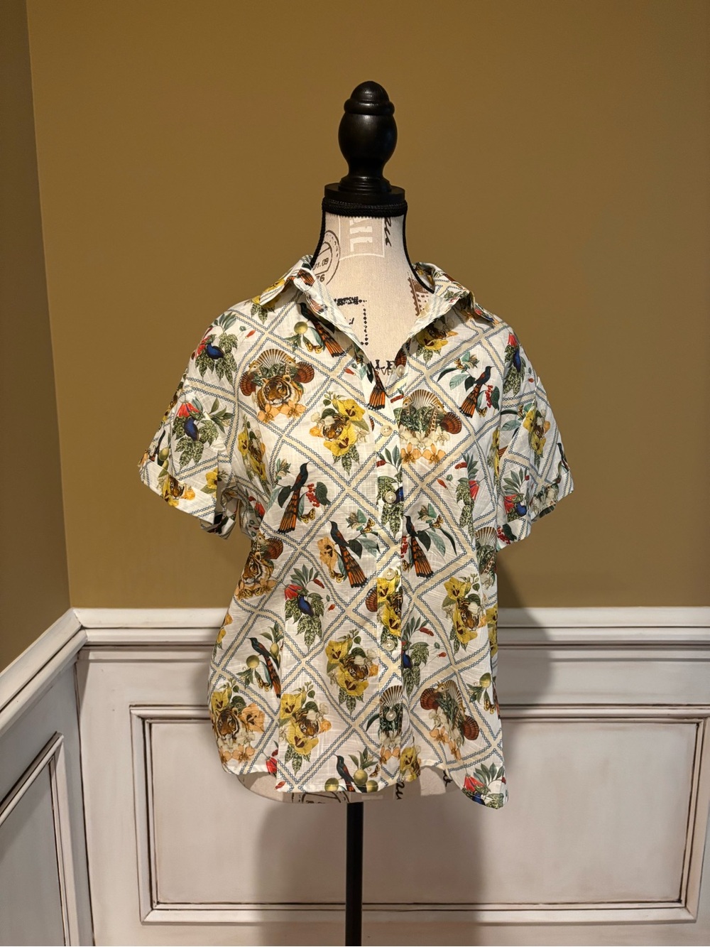 Maeve Floral Button-Front Short-Sleeve Blouse - White/Yellow/Green